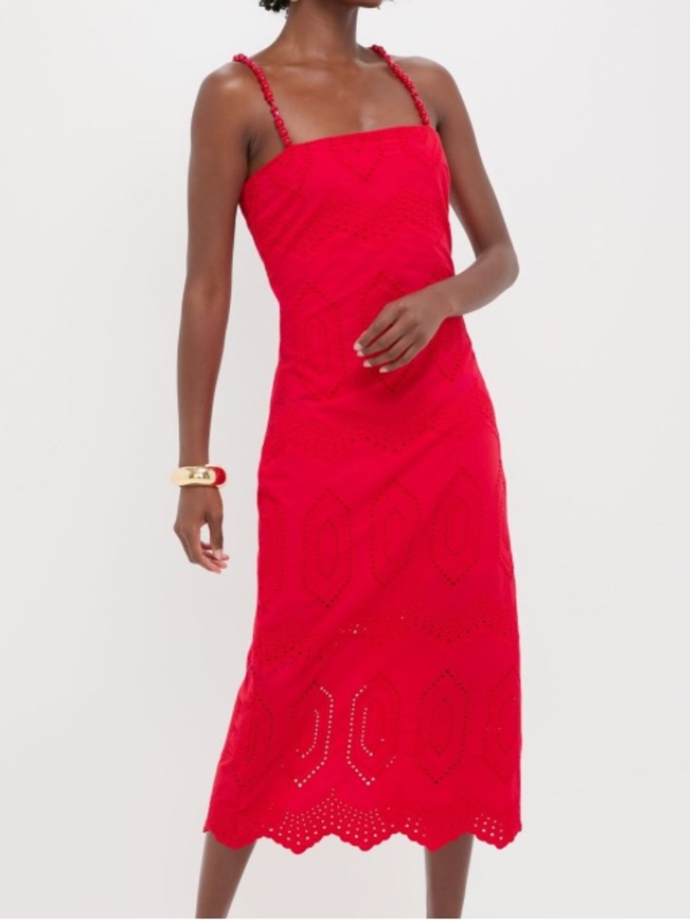 NWD Hyacinth/Tuckernuck Red Beaded Strap Eyelets Midi Dress size Small